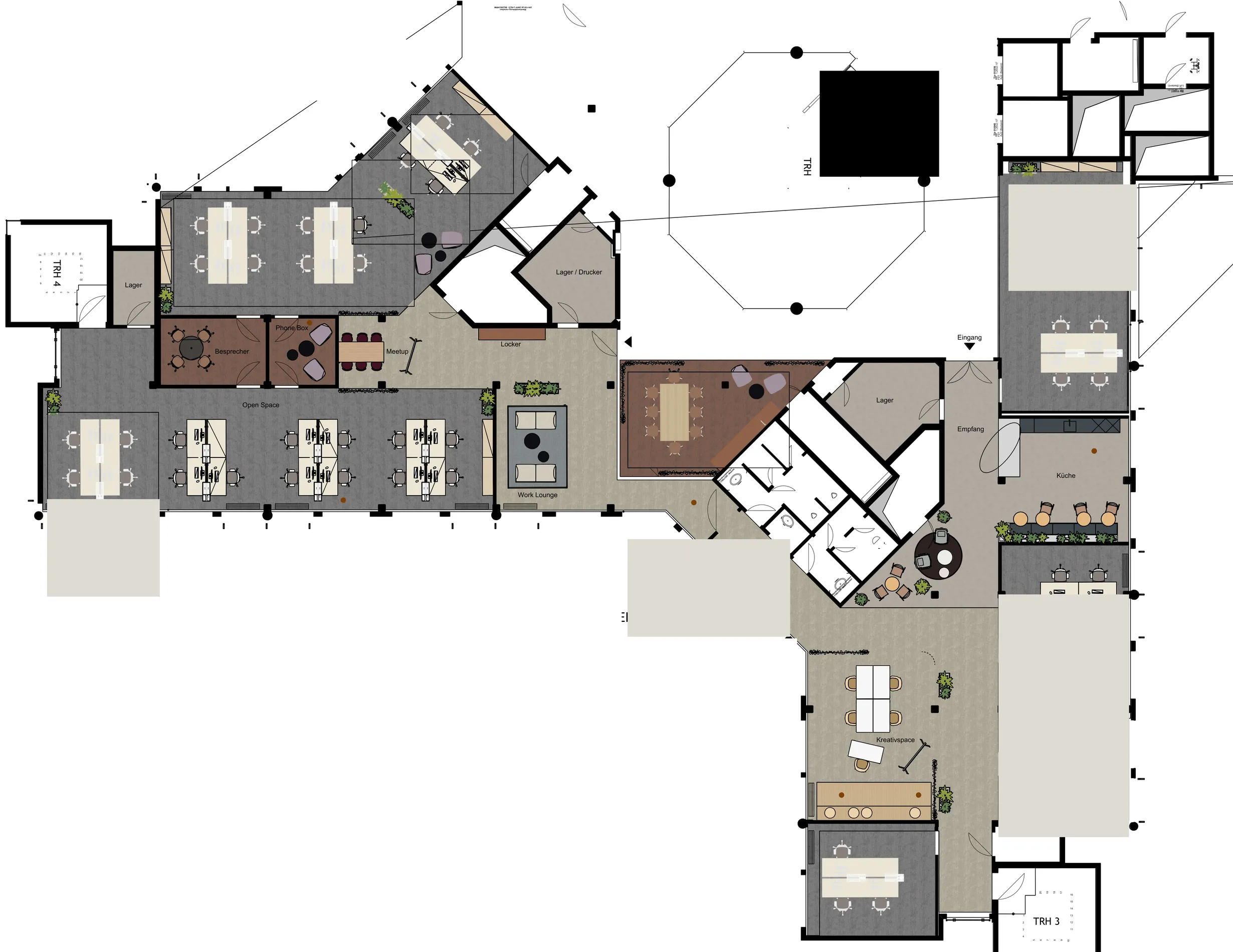 Grundriss des 1. Obergeschosses mit Open Space, Besprechern, Work Lounge, Studio, Küche und Kreativspace