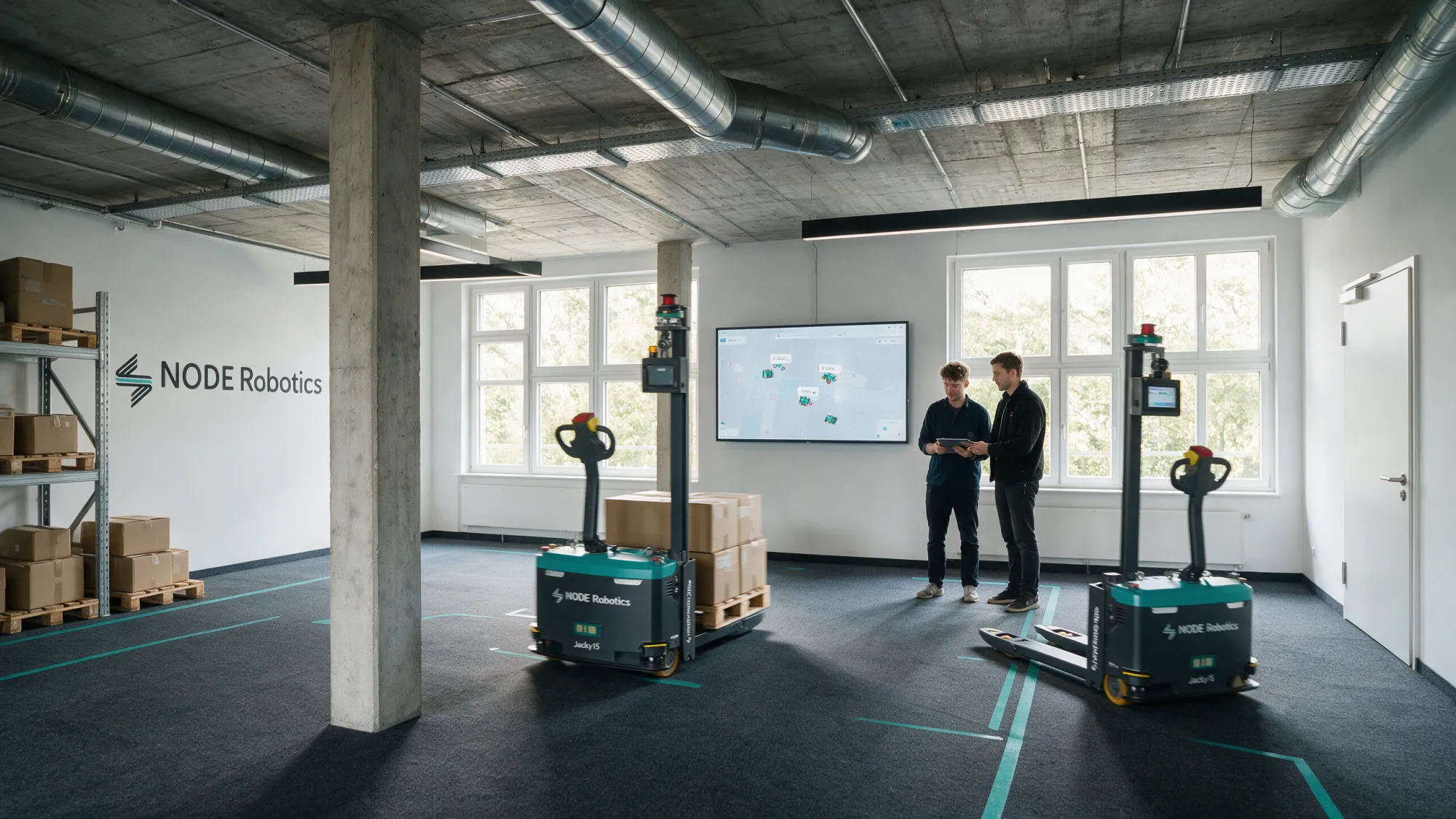 Visualisierung: zwei Jacky15 im Testraum, zwei Ingenieure mit Tablet vor der Flottenkarte, Fenster ins Grüne