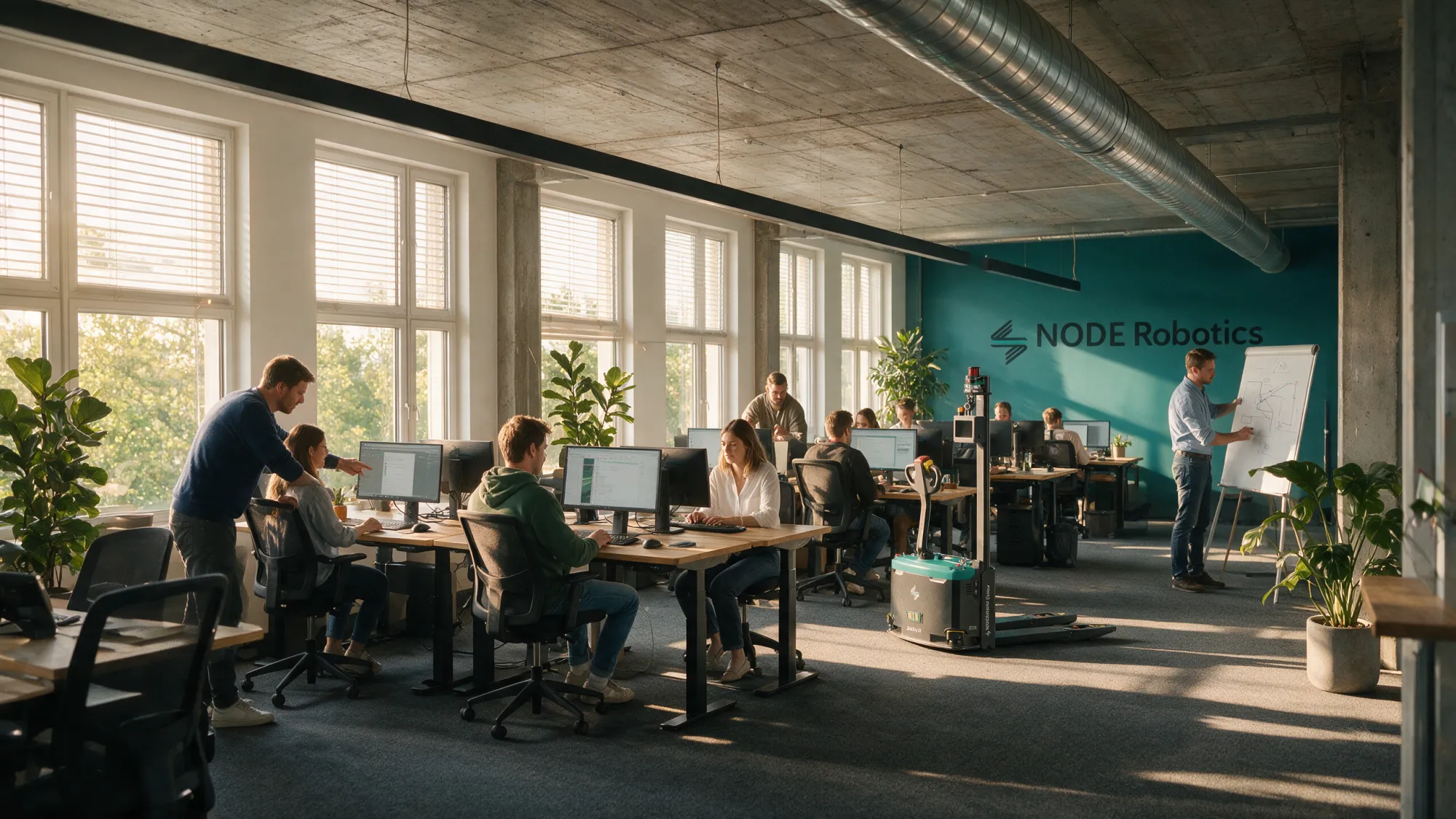 Visualisierung: offenes Büro unter Sichtbetondecke, Sonne durch die Sprossenfenster, Team an Holztischen, Whiteboard, türkise Wand mit NODE-Robotics-Logo, ein Jacky15 neben den Tischen